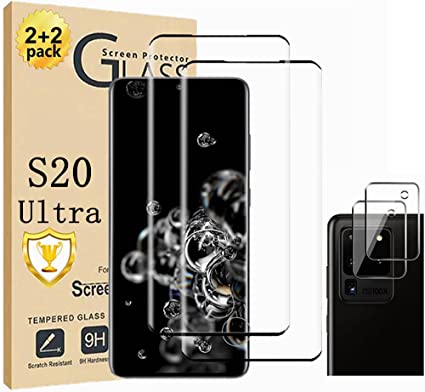 Galaxy S20 Ultra Screen Protector 【2  2 Pack】 With Camera Lens Protector [3D Glass] Compatible Fingerprint 9H Hardness Tempered Glass Screen Protector for Samsung Galaxy S20 Ultra 5G