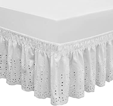 QSY Home Wrap Around Elastic Eyelet Bed Skirts 14 1/2 Inches Drop Dust Ruffle Three Fabric Sides Easy On/Easy Off Adjustable Polyester Cotton(White Twin/Full)
