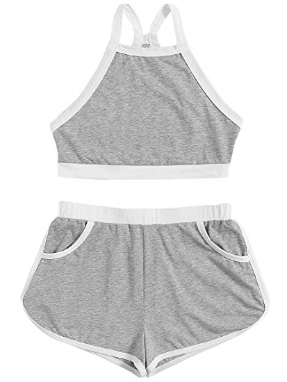 Romwe Women's 2 Piece Halter Cami Top and Shorts Set Sports Workout Running Set