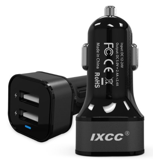 iXCC Dual USB 48 Amp 24W Universal High Capacity Car Charger for Apple Samsung Android and Windows Smartphones and Tablets - Black