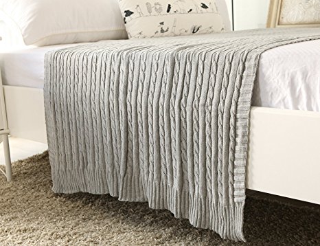 CottonTex Cotton Knitted Cable Throw Soft Warm Cover Blanket Cable Knitting Pattern, 4370 Inches, Grey