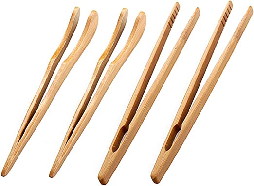 4 Pcs 7" Bamboo Tongs Toaster Appetizer Tongs Kitchen Tongs for Cooking Toast Tea Bread Pickle Fruit Salad Meat