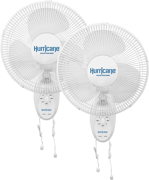 Hurricane Supreme 12 Inch Oscillating Wall Mount Fan with 3 Speed Settings and 90 Degree Oscillation, White (2-Pack)