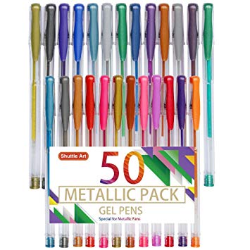 Shuttle Art 50 Pack Metallic Gel Pens, 25 Metallic Gel Pens Set with 25 Refills Perfect for Adult Coloring Books Doodling Drawing Art Markers