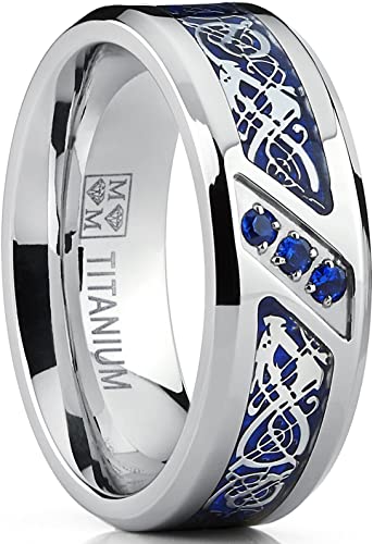 Metal Masters Co. Men's Titanium Wedding Ring Band with Dragon Design Over Blue Carbon Fiber Inlay and Blue Cubic Zirconia