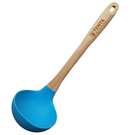 Premium Silicone Ladles Silicone Soup Spoon Blue in FDA Grade with Good Grips Ergonomics Light Wooden Handle, Heat Resistant Cooking Utensils for Kitchen Cooking Baking (Blue 1pc)