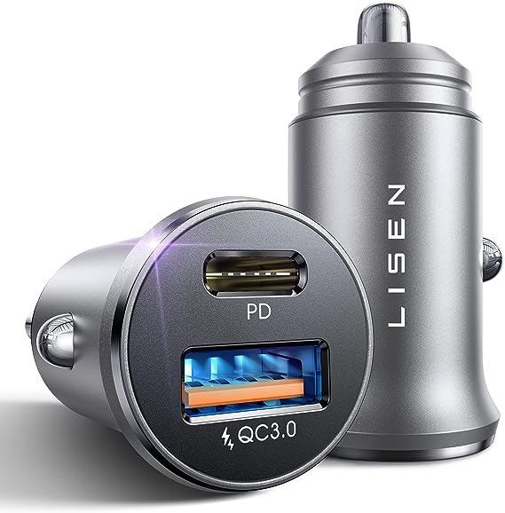 LISEN 2-Pack USB C Car Charger Adapter Fast Charge, 48W All Metal Cigarette Lighter USB Charger Smallest Flush Fit Car Charger USB C for iPhone 14 Pro Max 13 12 Galaxy S23/22 Pixel iPad Pro-Silver