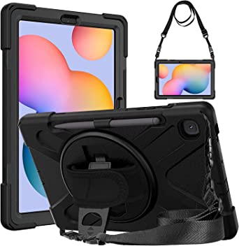 Gerutek Case for Samsung Galaxy Tab S6 Lite 10.4 inch 2020 (SM-P610/P615),Shockproof Rugged Case with 360 Rotating Stand/Hand Strap,Shoulder Strap Protective Case for Galaxy Tab S6 Lite, Black