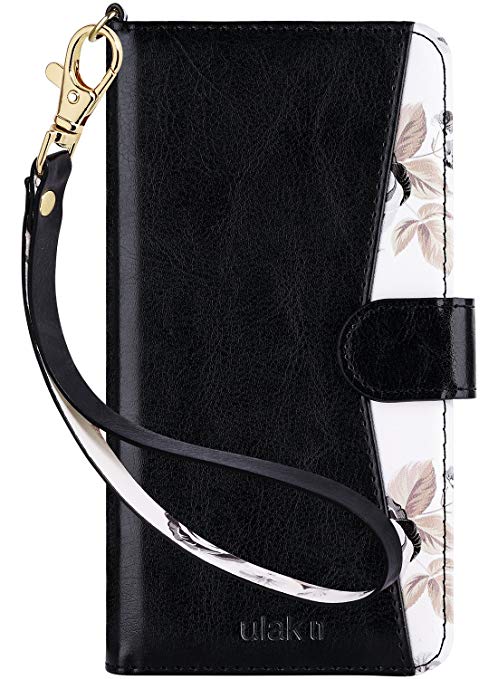 ULAK Flip Wallet Case for iPhone 6s Plus, iPhone 6 Plus Case, Floral PU Leather Wallet Kickstand Case with Wrist Strap ID&Credit Card Pockets for iPhone 6 plus/6S Plus 5.5, Black