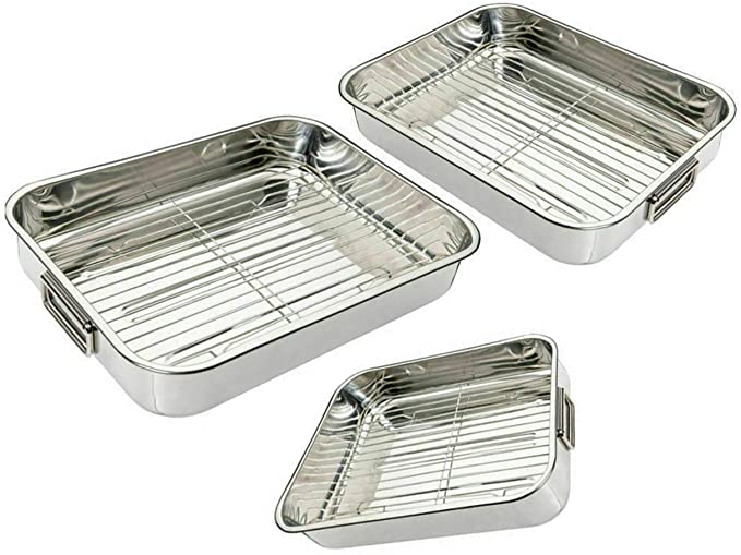 Prima Stainless Steel Baking Tray - Oven Cooker Grill Pan Roasting Tray with Steel Wire Rack - Set of 3 Trays | Small, Medium, Large