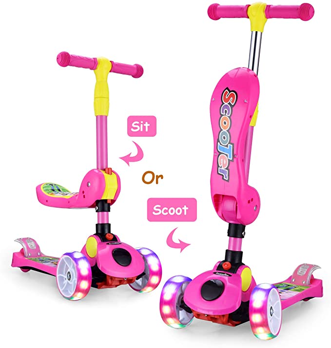 AOODIL Scooters for Kids 2-in-1 Toddler Kick Scooter for 3 Wheel Scooter for Boys&Girls-Kids Scooter with LED Light Up Wheels Adjustable Height Folding Scooter for Children Ages 2-12