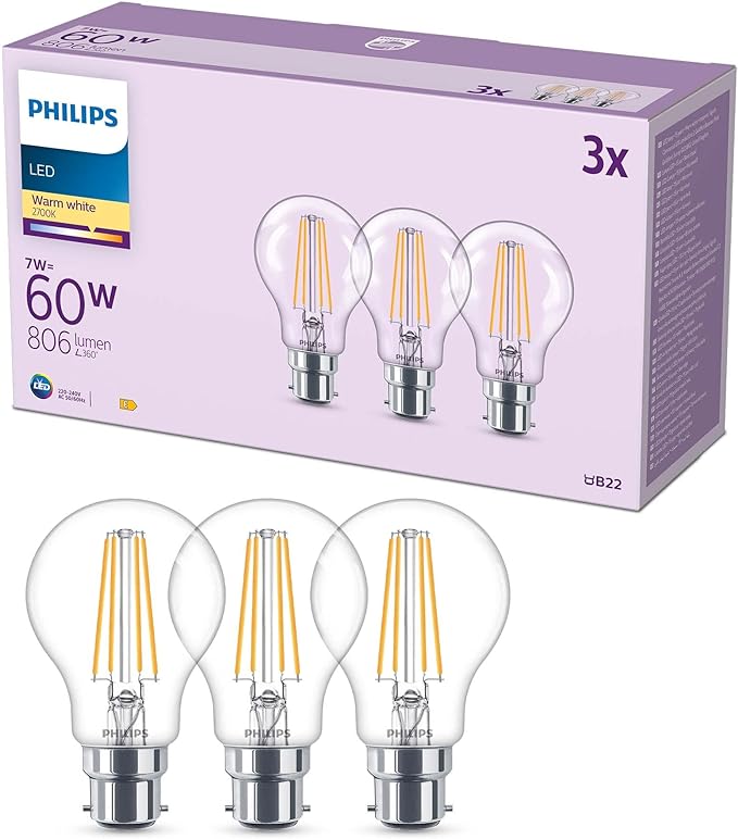 PHILIPS LED A60 Light Bulb 3 Pack [Warm White 2700K - B22 Bayonet Cap] 60W, Non Dimmable. for Home Lighting, 929001387493