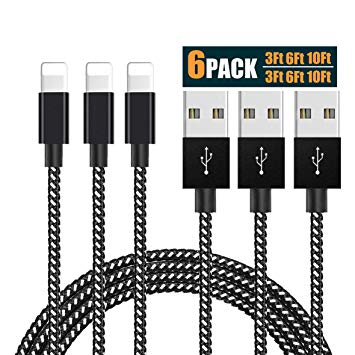 DEREN Lightning Cable, iPhone Charger Cable 6 Pack [3/6/10 FT] Extra Long Nylon Braided USB Fast Charging & Syncing Cords Compatible with iPhone XR/XS/X/8/8Plus/7/7Plus/6S Plus/iPad and More