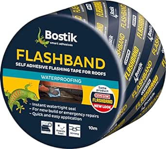 Bostik Flashband Self Adhesive Flashing Tape for Roofs, Provides an Instant Watertight Seal, Colour: Grey, 75mm x 10m