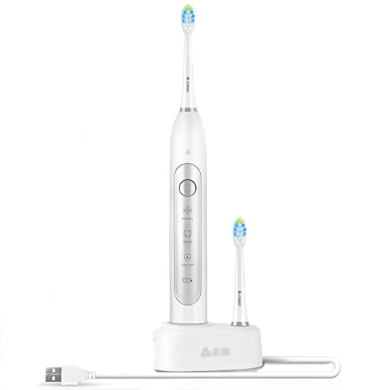 Chigo Electric Rechargeable Toothbrush for Adults -3 Modes Wireless Charging Sonic Vibration 2 Replacement Brush Heads Gum Health Care Dental Brush with 5s Automatic Memory and 2min Timer ,White