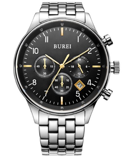 BUREI® Men's Stainless Steel Date Chronograph Quartz Watch with Silver Link Bracelet, Black Dial Gold Hands