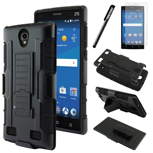 NextKin ZTE ZMAX 2 Z958 Z955L Dual Layer Mecha Hybrid Hard Protective Cover Case, Impact Resistant Silicone w/ Holster, Heavy Duty Phone Protection - Black, Free 1x Clear Screen Protector   Stylus Pen