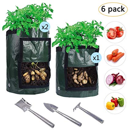 Pack of 6PCS Potato Grow Bags with Tools Set, LAMPTOP 2Pc 10 Gallon & 1Pc 7 Gallon Garden Grow Bags with 3pcs Stainless Steel Garden Tools, Heavy Duty for Potatoes Tomatoes Carrots Taro