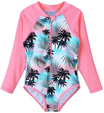 TFJH E Kids Girls Rashguard Swimsuit UV 50  Long Sleeve One Piece Swimwear Zip