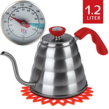 Pour Over Tea / Coffee Gooseneck Kettle (Red) 1.2L with Thermometer 304 Stainless Steel for Barista or Home Brewing for all stoves with Silicone Teapot Coaster By Wonder Sky