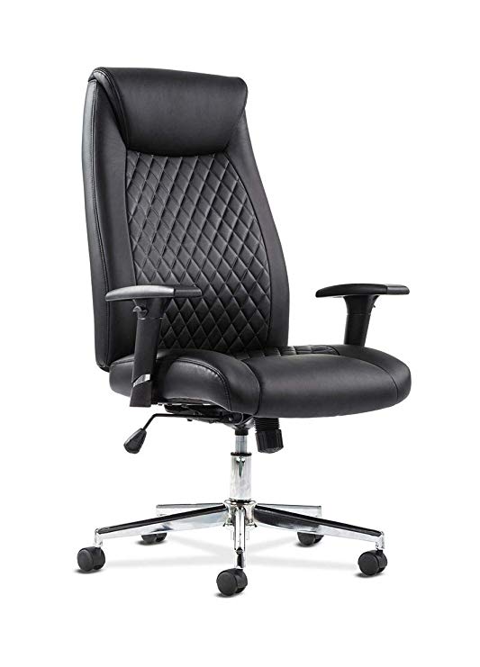 HON Sadie Executive Computer Chair- Height-Adjustable Arms for Office Desk, Black Leather with Chrome Accents (HVST330)