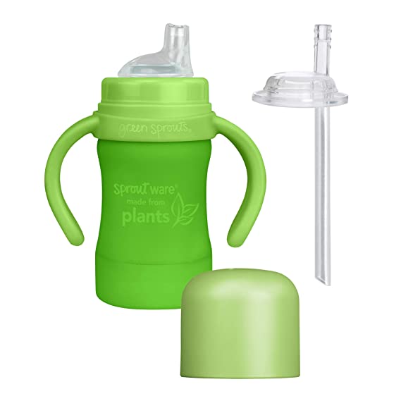 Green sprouts Sprout Ware Sip & Straw Cup made from Plants | Non-toxic Plant-based Plastic Transition Sippy Cup without BPA, BPS, BPF | Soft Silicone Spout and Straw | Easy-grip Handles