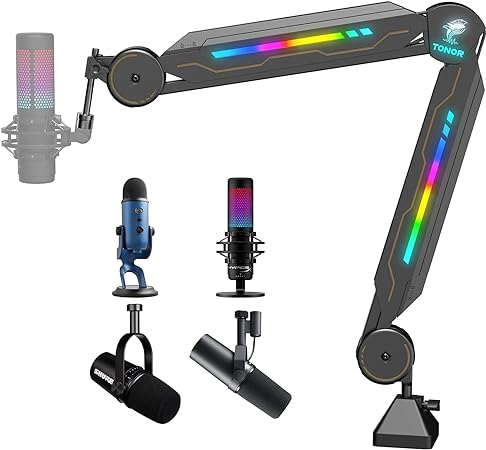 RGB Boom Arm, TONOR Adjustable Mic Stand with RGB Light for Hyperx QuadCast/Blue Yeti/Shure SM7/Rode NT1, Rotatable Suspension Boom Scissor Stand for Gaming Streaming Podcasting YouTube Recording T90