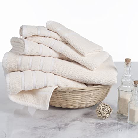 Combed Cotton Towel Set- Rice Weave 100% Combed Cotton 6 Piece Set with 2 Bath Towels, 2 Hand Towels and 2 Washcloths by Lavish Home- Ivory