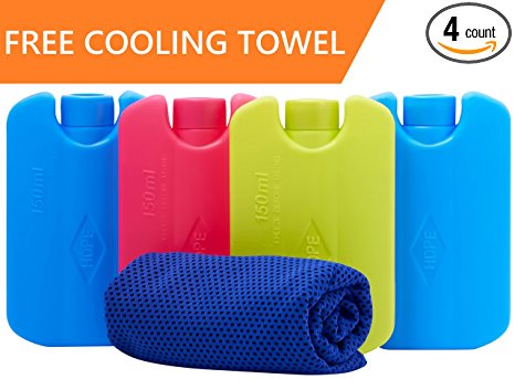 Katabird Ice Packs for Lunch Box and Coolers With FREE Cooling Towel - Keeps Food Cool Longer Than Other Chillers - Durable - Perfect Size - No Leaks - No Smells - Set of 4 Paks - BPA Free
