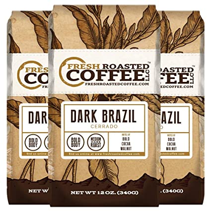 Fresh Roasted Coffee LLC, Dark Brazilian Cerrado, Medium-Dark Roast, Ground, 12 Ounce Bags, 3 Pack