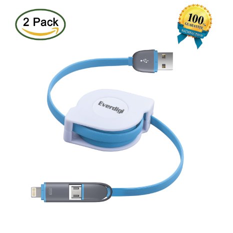 EverdigiTM2Pack 3FT 2in1 Retractable Universal AndroidampiOS Lightning to USB Charging Cord Tangle-free Charger for iPhone 6s 6sPlus 6 6Plus 5 5s iPad iPod Samsung HTC Nexus Nokia Sony and more Blue