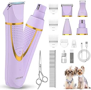 Small Dog Grooming Kit, 4 in 1 Electric Dog Trimmer for Grooming, Low Noise Dog Nail Trimmer, Cordless Pet Clippers for Dogs Cats, Grooming Paws, Eyes, Ears, Face, Hip Hairl (Purple)