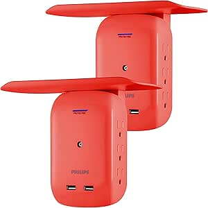 Philips 6-Outlet Extender 2-USB Surge Protector, Side Access Adapter, Wall Tap, Removable Device Charging Shelf, Charging Station, Protected Indicator Light, 450J, 2 Pack, Coral, SPS6026CR/37