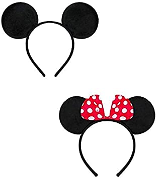 2 Pieces Black Mickey Mouse Ears & Minnie Mouse Ears on Alice Band with Red and White Polkadot Spotted Bow for Adults/Children Fancy Dress Costume Head Band Accessory Party Decoration Gift - Pack of 2