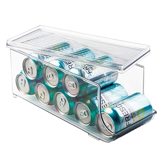 InterDesign Plastic Canned Food and Soda Can Organizer with Lid for Refrigerator, Freezer, and Pantry for Organizing Tea, Pop, Beer, Water, BPA-Free, 13.75" x 5.75" x 5.75", Clear