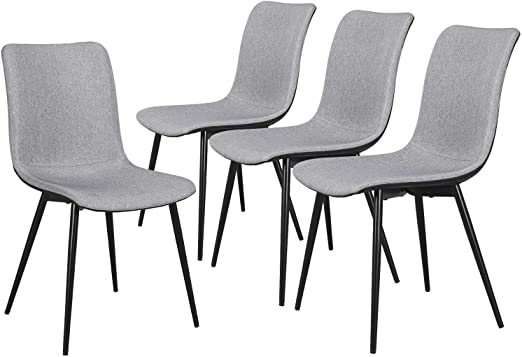 Yaheetech Dining Chairs Set of 4, Modern PU Kitchen Chairs with Fabric Linen Cushion Seat and Back Mid Century Bedroom/Living/Dining Room Upholstered Side Chairs Diner Chair, Black Metal Legs, Gray