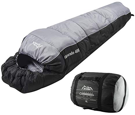 Andes Nevado 400 Mummy Sleeping Bag Warm 400GSM Filling - Compression Carry Bag Included - Ideal For Camping, Hiking, Backpacking, DoE Awards, Festivals Waterproof