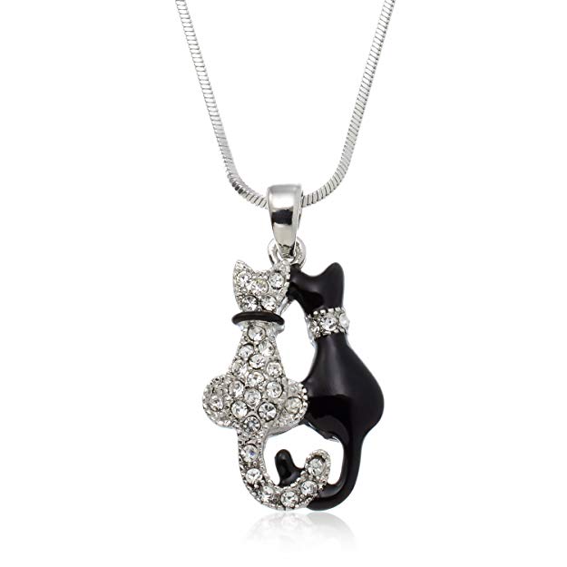 PammyJ Silvertone Double Kitty Black and Crystal Cat Necklace, 17"
