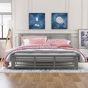 Harper & Bright Designs King Bed Frame with Headboard Wood Platform King Bed,No Box Spring Needed (Grey, King)