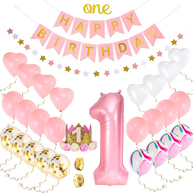 One First Birthday Decorations Set for Baby Girl |1st Birthday Girl Set:1st Pink Number 1 Balloon,Happy Birthday Banner,1st Birthday Baby Princess Tiara Crown,One Cake Topper Gold Pink Balloons
