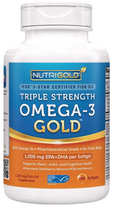 Nutrigold Triple Strength Omega-3 Gold Fish Oil Supplement 1250 mg 180 Softgels