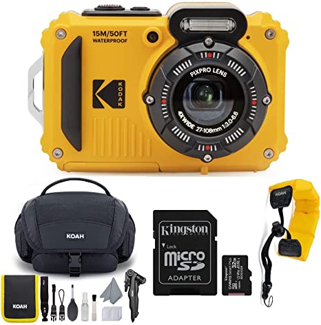 Kodak PIXPRO WPZ2 Rugged Waterproof 16MP Digital Camera with 4X Optical Zoom with Koah Nostrand Gadget Bag with Accessory Kit, 32GB UHS-I microSDHC, and Floating Strap Bundle (4 Items)