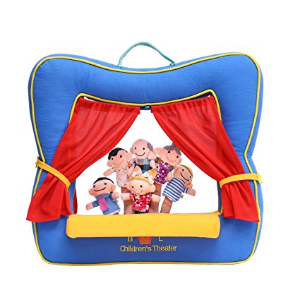 Finger Puppet Theater Stage by Better Line - Set Includes 6 Finger Family Puppets - Portable Plush Finger Puppet Theater is the Best Preschool Kids Toy (Blue Color)