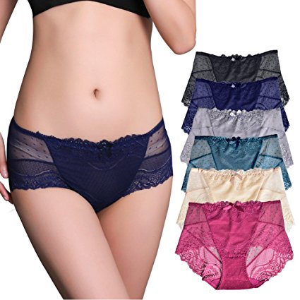 Womens Boyshorts Panties, 6 Pack Lace Underwear High Rise Sexy Female Briefs For Women Net Yarn See-Through Lingerie