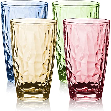 Topsky 16oz Plastic Tumblers Drinking Glasses Set of 4, Clear Acrylic Drinking Cups Wine Glasses Beverage Cups for Daily Use, Poolside, Outdoor&Indoor - Stackable, Dishwasher Safe, Easy to Clean (Mix-Color)