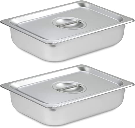 2 Pack Steam Table Pan Half Size with Cover, Hotel Pan is 2.5" x 12.75" x 10.25", Made from 25 Gauge Stainless Steel, NSF Listed.