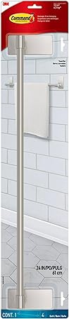 Command Bath Satin Nickel Towel Bar with Water Resistant Command Strips, Bathroom Organizer, 24 in Bar Length Holds up to 10 lbs