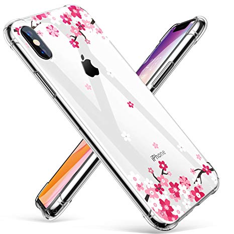 iPhone X Case, GVIEWIN Clear Flower Pattern Design Soft & Flexible TPU Ultra-Thin Shockproof Transparent Girls and Women Floral Cover, Cases for Apple iPhone X/iPhone 10 (5.8-Inch) - Peach Blossom