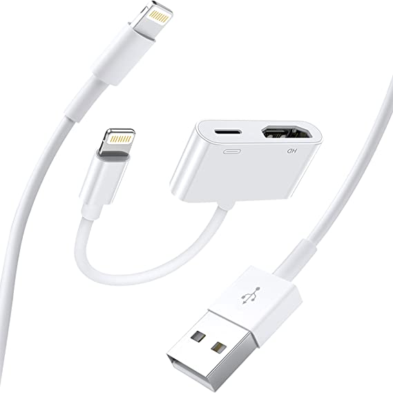 【2 in 1】 Apple Lightning to HDMI Digital AV Adapter，1080P Video & Audio AV Adapter Lightning to USB Fast Charging Sync Transfer Cord Charging Port for iPhone/iPad 1080P HDMI Converter，Support All iOS
