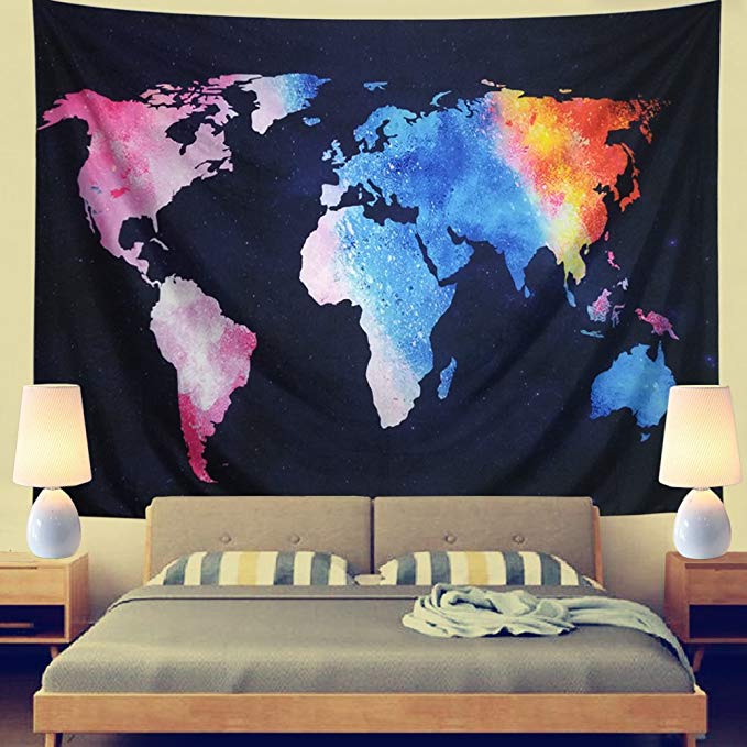 Ameyahud World Map Tapestry Starry Colorful Map Tapestry Abstract Painting Wall Hanging College Student Dorm Decor